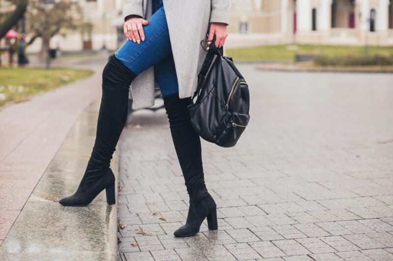 รองเท้าบูท - young stylish woman walking autumn city cold season wearing high heeled black boots leather backpack accessories grey coat sitting bench fashion trend legs close up details - ภาพที่ 3