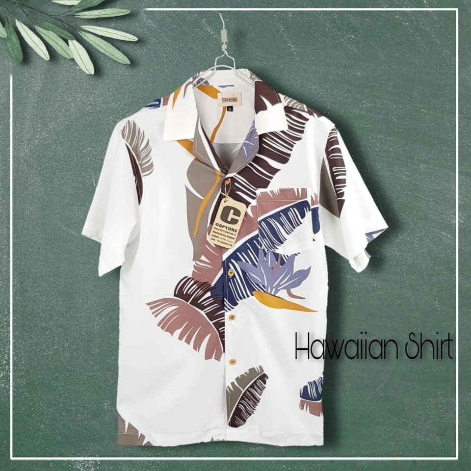 Shirt Hawaiian men stripe banana leaf white color continued ั้ง but bosom c-40-cf-acb tssop-48 inch | Lazada.co.th