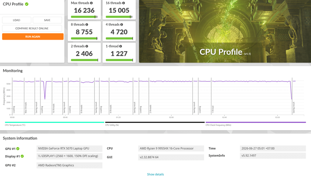 CPU Profile รีวิว ROG Strix G16 (G614FP) ขุมพลัง Ryzen 9 คู่ RTX 5070